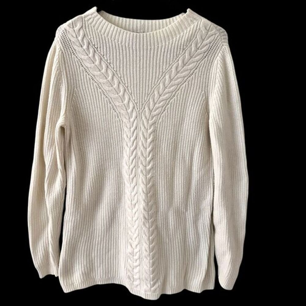 Talbots Women's Cream Wool Nylon Cable Knit Crew‎ Neck Sweater Size M
